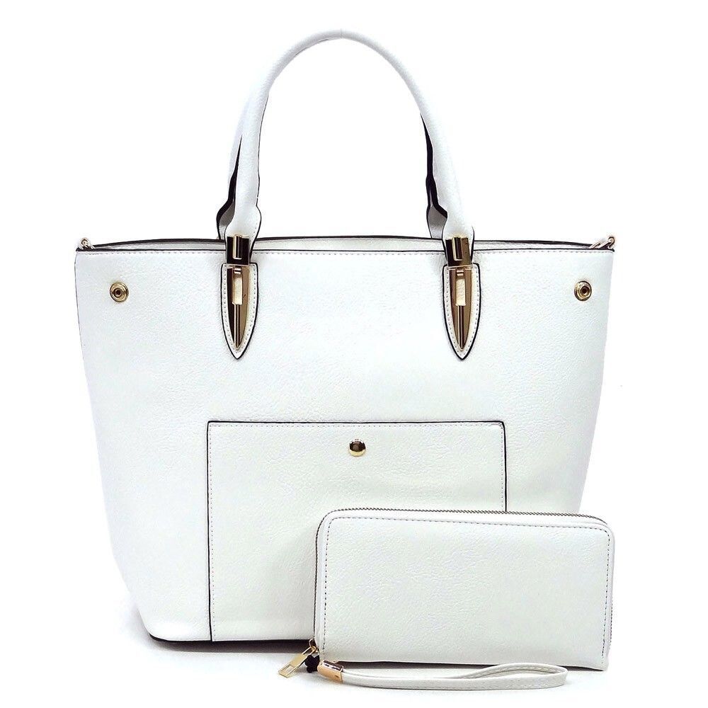 Women's White Fashion Top Handle Satchel Work Tote Bags 2pcs Set